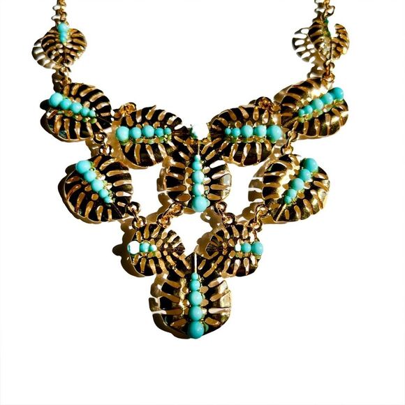 Chandelier Boho Aztec Turquoise Faux Stone Gold Tone Necklace - Picture 1 of 7